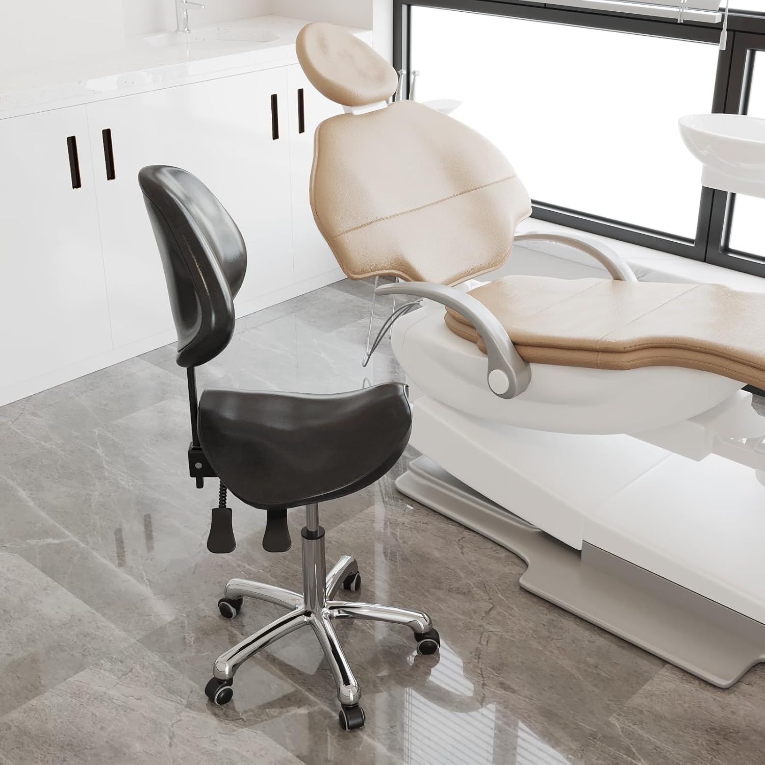 Saddle Stool Rolling Chair with Back Support