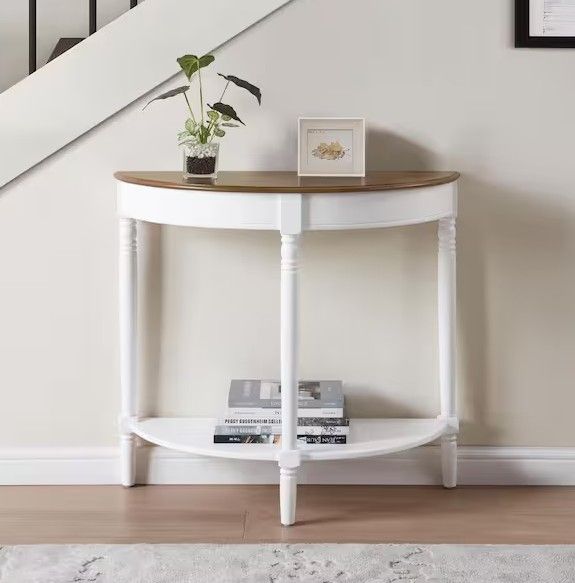 *Imperfect* French Country White Half-Circle Wood Console Table with Shelf