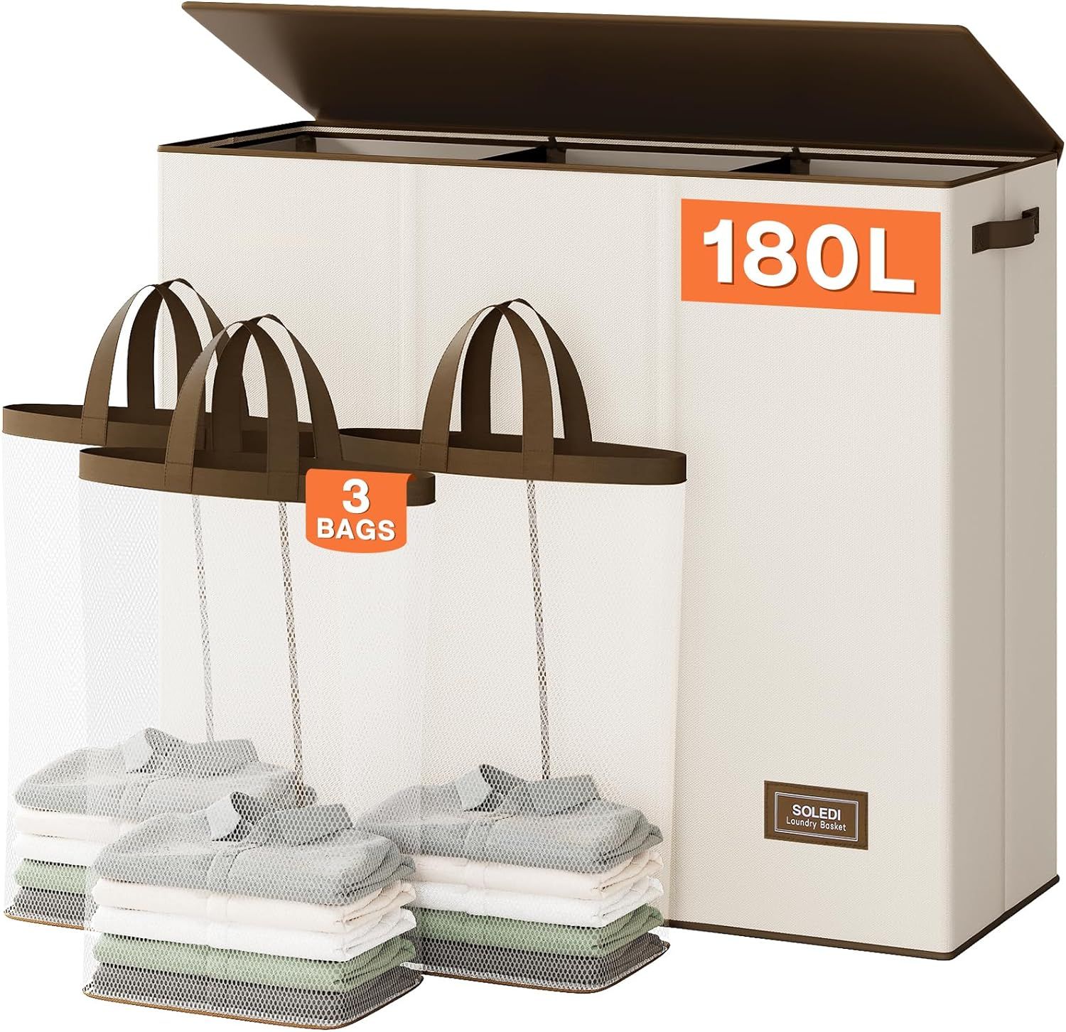 SOLEDI 180L 3 Section Laundry Hamper