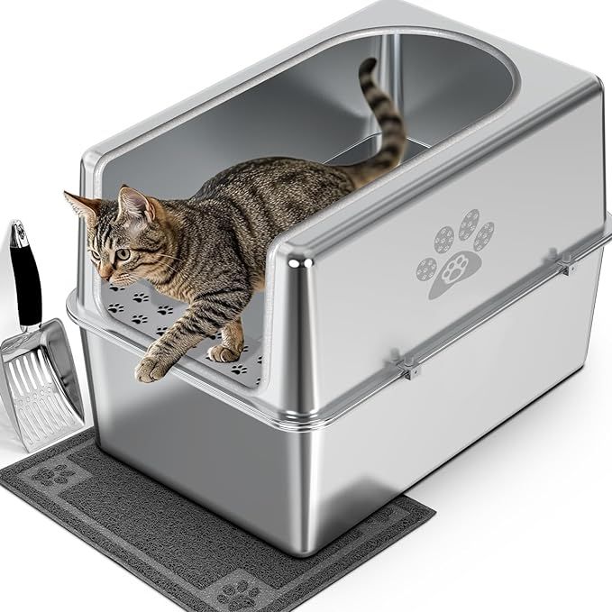 PWTAA Enclosed Stainless Steel Cat Litter Box
