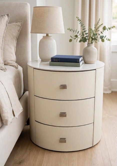 Round Leather &amp; Marble Side Table/Night Stand