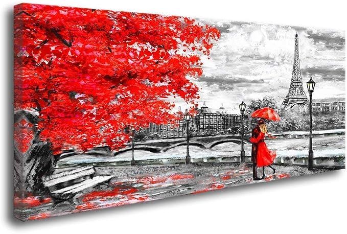Framed 29"x59" "Umbrella Couple in Street" Wall Art