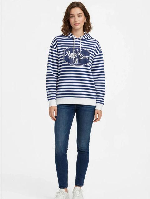 "Peggy's Cove" Retro Oval Icon Badge Striped Hoodie, Medium