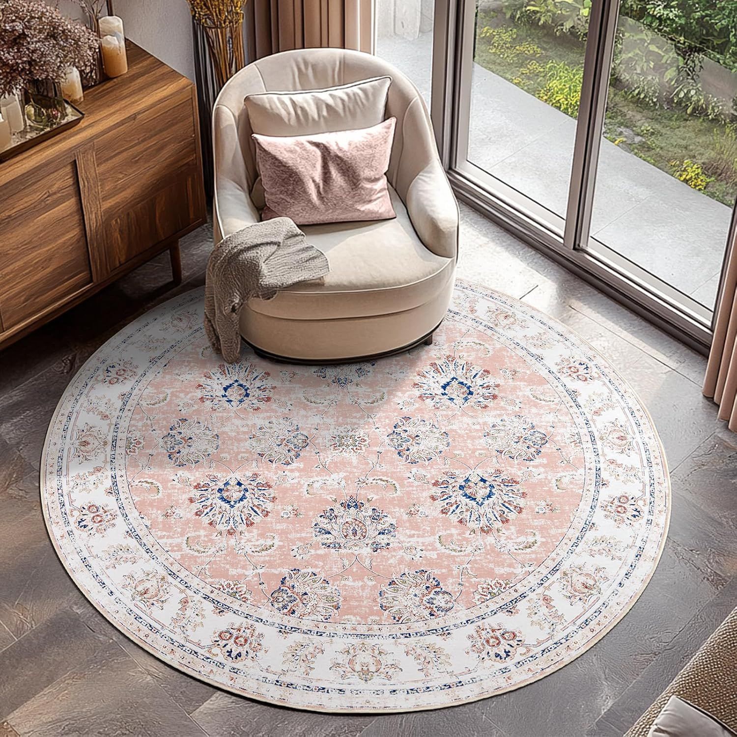 JINCHAN 6ft Round Area Rug, Distressed Pink