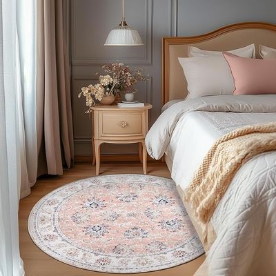 JINCHAN 6ft Round Area Rug, Distressed Pink