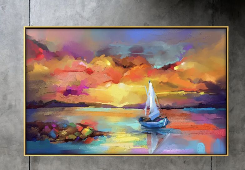 *Imperfect* Framed Sunset Painting with Colorful Reflections II Wall Art