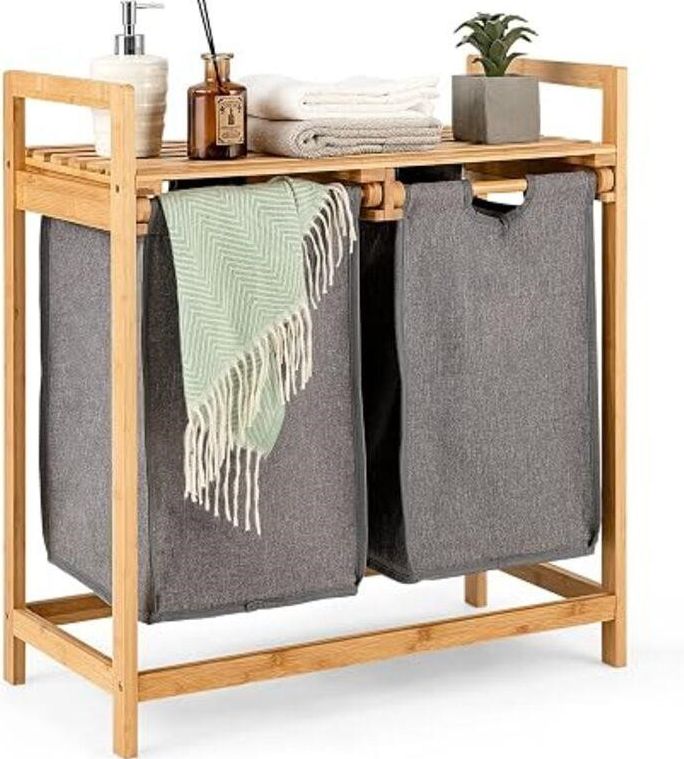 Gymax Bamboo Dual Compartment Laundry Hamper