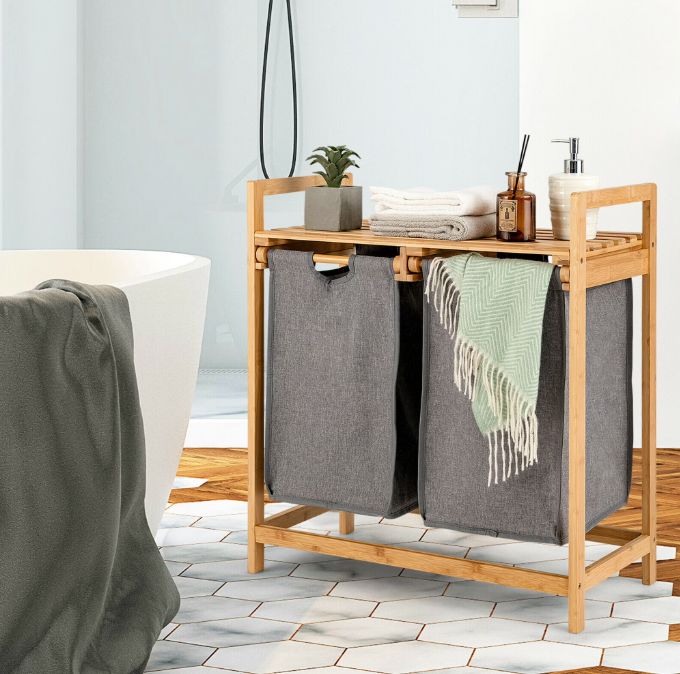 Gymax Bamboo Dual Compartment Laundry Hamper
