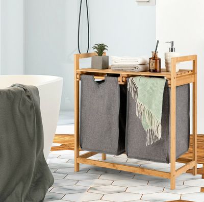 Gymax Bamboo Dual Compartment Laundry Hamper