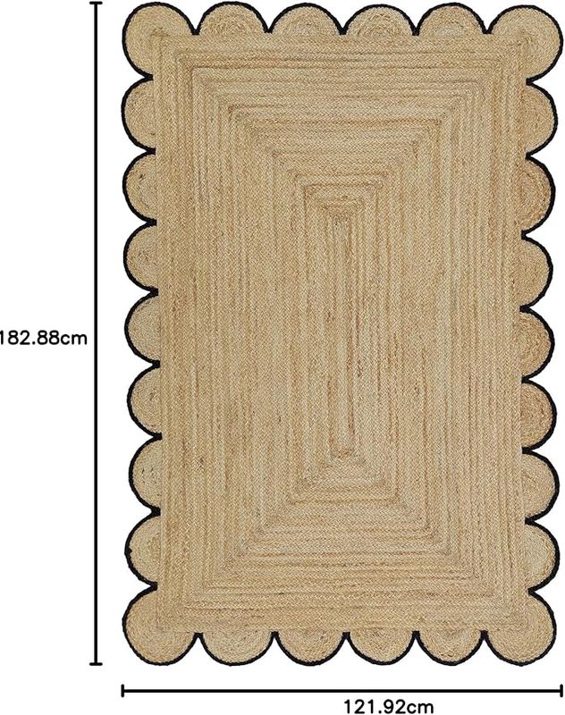 Weaving Village Scalloped Natural Jute Area Rug, Black Trim, 4'x6'
