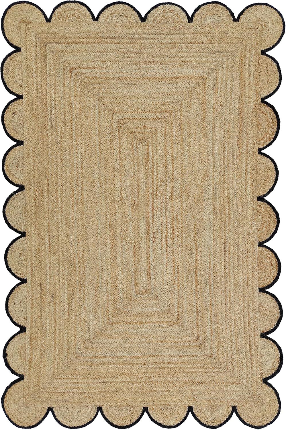 Weaving Village Scalloped Natural Jute Area Rug, Black Trim, 4'x6'