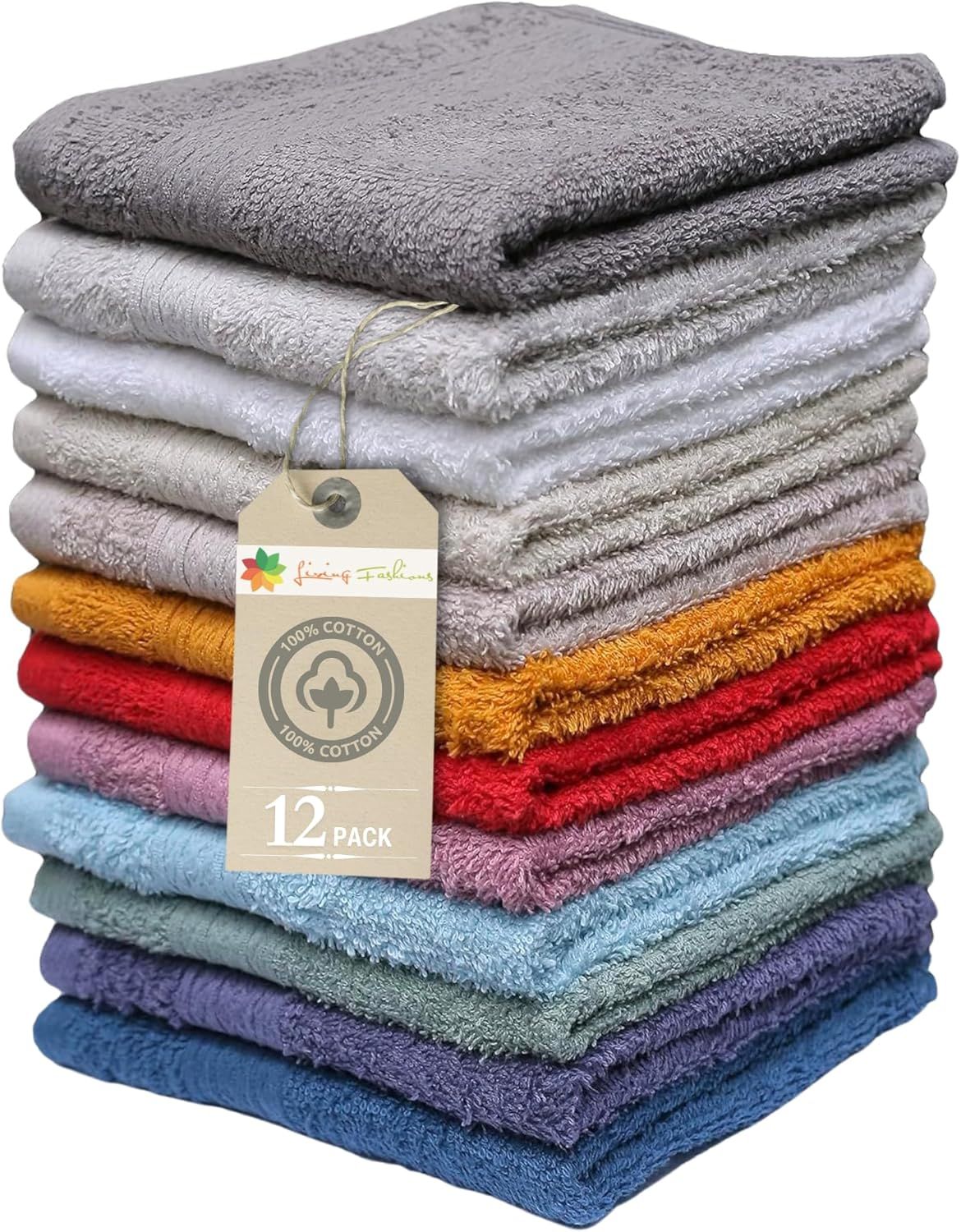Washcloths, 12 Pack, 100%  Cotton, Size 13" X 13"