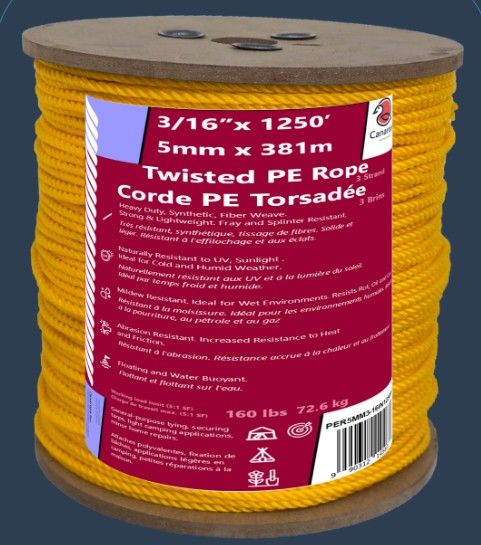Canarope 3/16'' x  1250ft Twisted PE Rope 3 Strand
