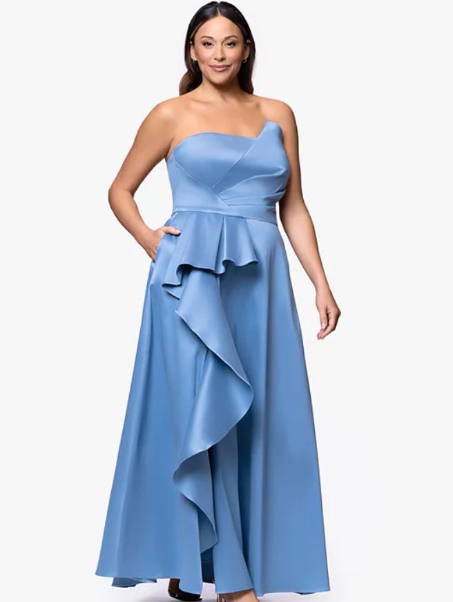 XSCAPE Side Ruffle Satin Ball Gown, Size 16
