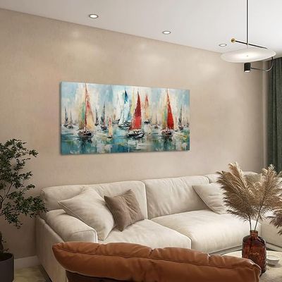 TEKMENT Colorful Sailboat on Water Canvas, 23"x46"