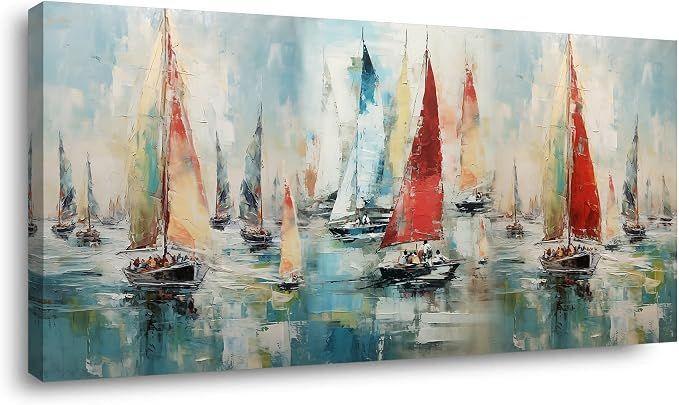 TEKMENT Colorful Sailboat on Water Canvas, 23"x46"