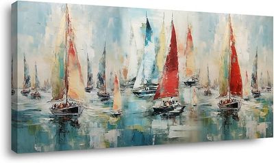 TEKMENT Colorful Sailboat on Water Canvas, 23"x46"