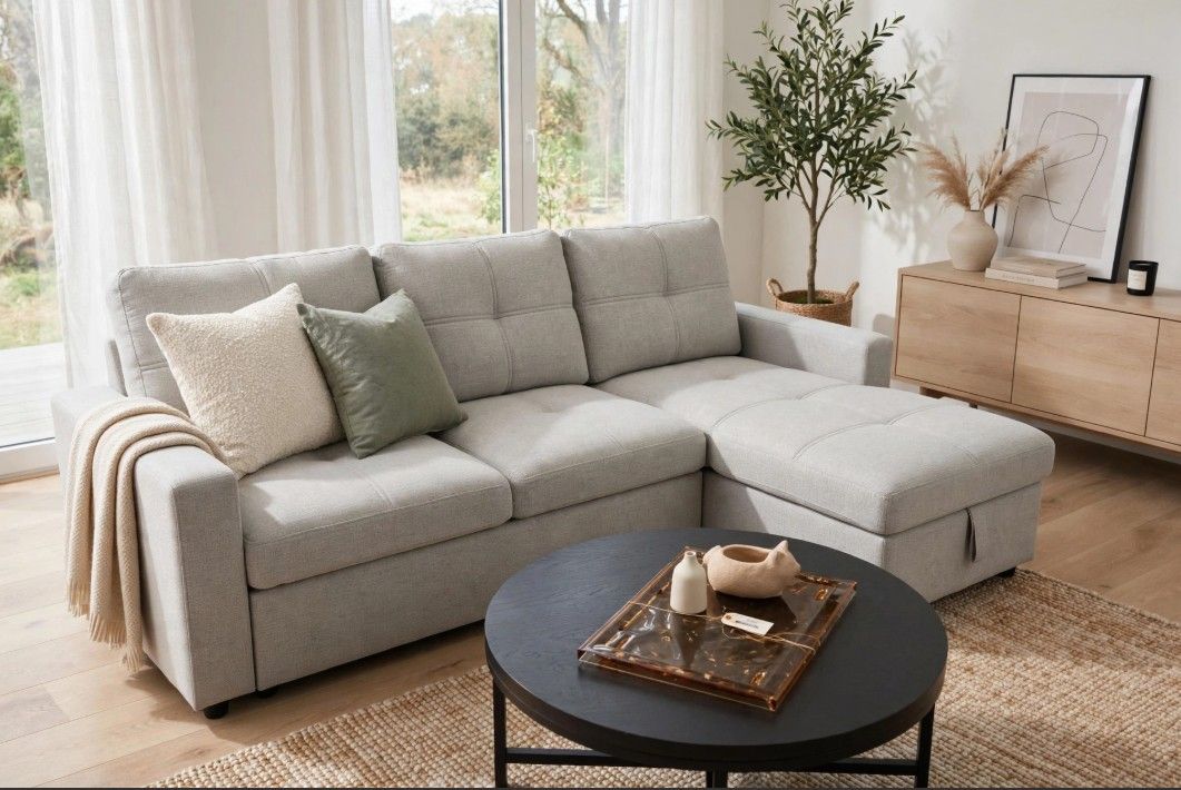 *Imperfect* Light Grey Modern Sectional Sleeper Sofa with Storage Chaise