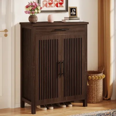 Tribe Signs 5-Tier Shoe Cabinet with Louvered Doors and Drawer Walnut