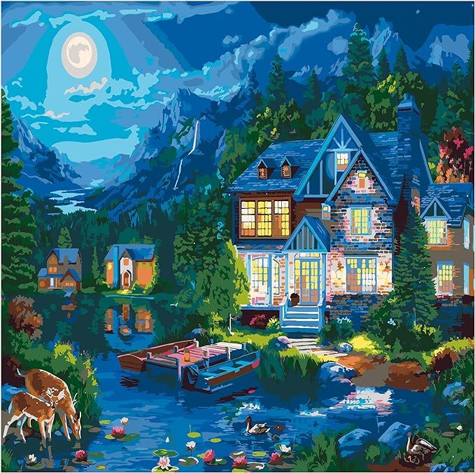 Ledgebay Paint by Numbers House Near the Lake 16x20 Unframed Canvas