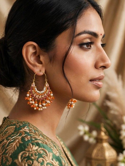 Chandbali Hoops — Gold Festive Jhumka Earrings, Color: Orange/Pearl