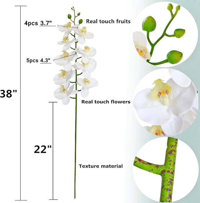 38 Inch Artificial Phalaenopsis Flowers Branches Real Touch (Not Silk) Orchids Flowers