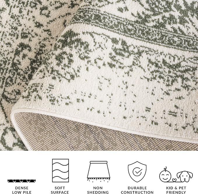 Area Rug 2x3  Ivory &amp; Dark Green, Distressed Vintage Floral Design