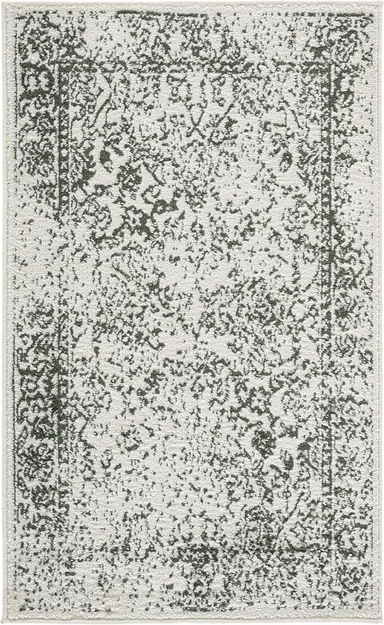Area Rug 2x3  Ivory &amp; Dark Green, Distressed Vintage Floral Design