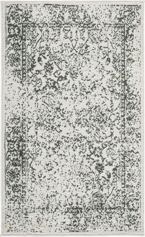 Area Rug 2x3  Ivory &amp; Dark Green, Distressed Vintage Floral Design