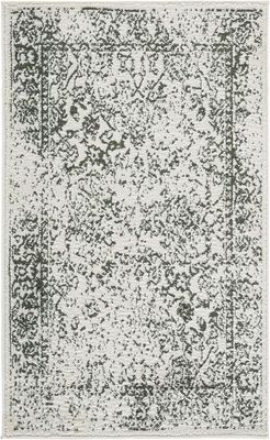 Area Rug 2x3  Ivory &amp; Dark Green, Distressed Vintage Floral Design