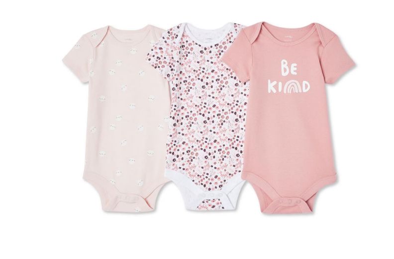 George Baby Girls' Layette 100% Cotton 3-Pack Bodysuit Newborn Pink