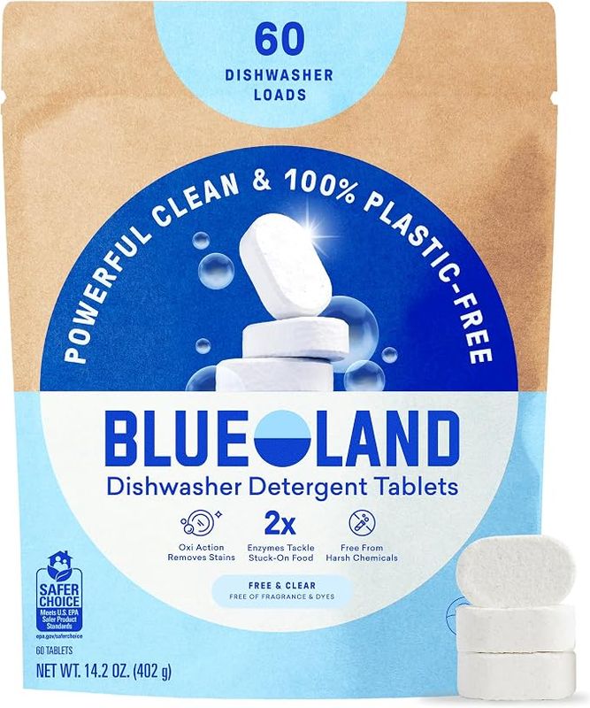 BLUELAND 100% Plastic-Free Dishwasher Detergent Tablets, 60 Count