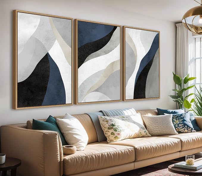 Large Abstract Framed Wall Art, Modern Blue Grey Canvas Pictures, 40x60cmX3