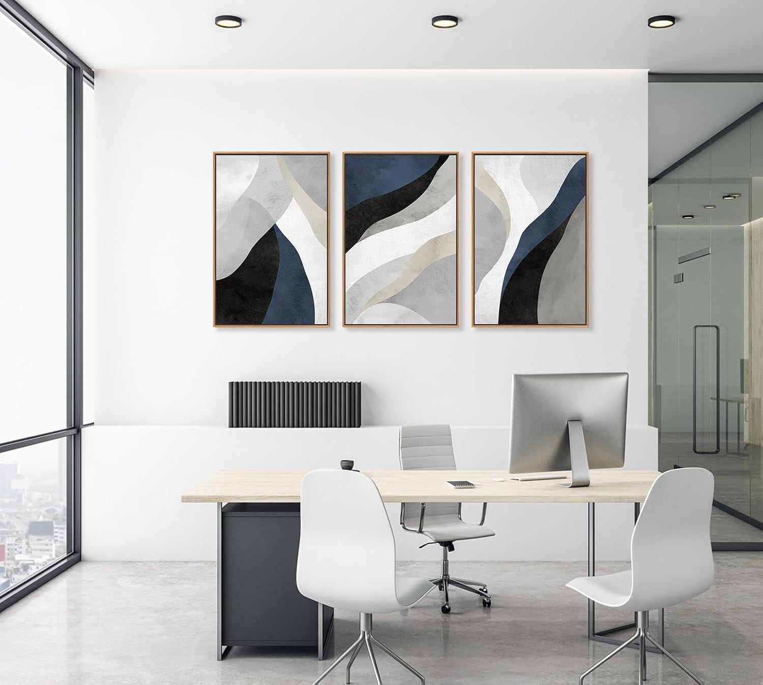 Large Abstract Framed Wall Art, Modern Blue Grey Canvas Pictures, 40x60cmX3