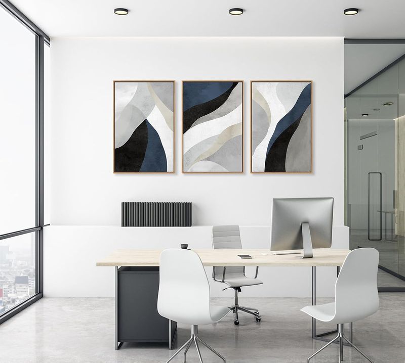 Large Abstract Framed Wall Art, Modern Blue Grey Canvas Pictures, 40x60cmX3