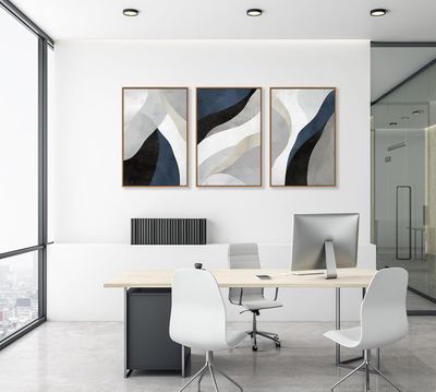 Large Abstract Framed Wall Art, Modern Blue Grey Canvas Pictures, 40x60cmX3