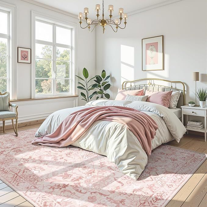 Deerly 9'x12' Large Non-Slip Pink Vintage Area Rug