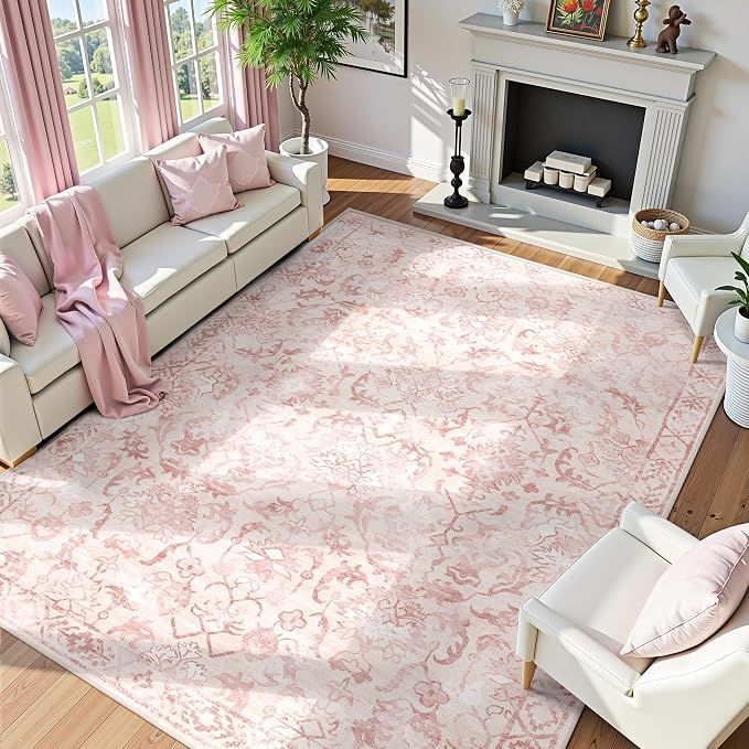 Deerly 9'x12' Large Non-Slip Pink Vintage Area Rug