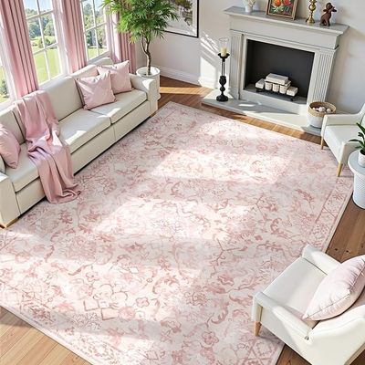 Deerly 9'x12' Large Non-Slip Pink Vintage Area Rug