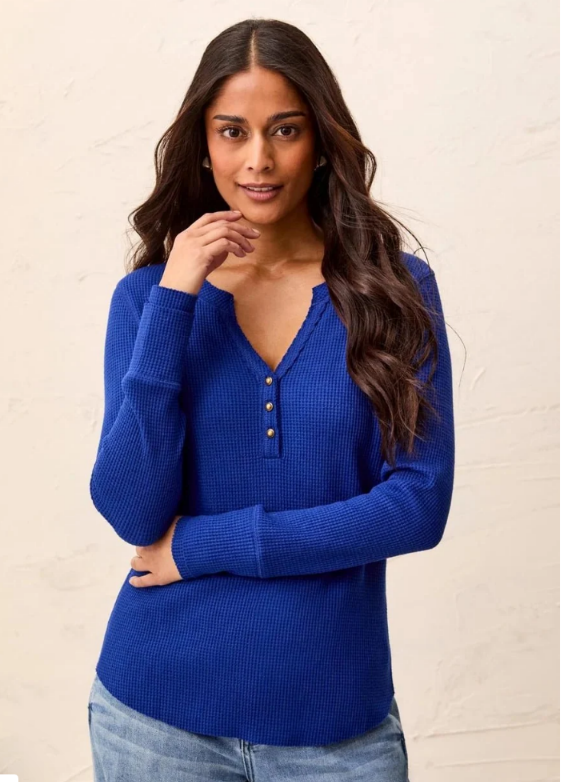 Tribal Brushed Waffle Knit Henley Long Sleeve Top | Electric Blue - Size Large