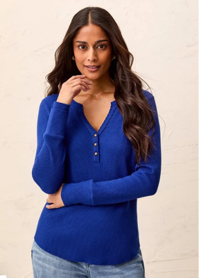 Tribal Brushed Waffle Knit Henley Long Sleeve Top | Electric Blue - Size Large