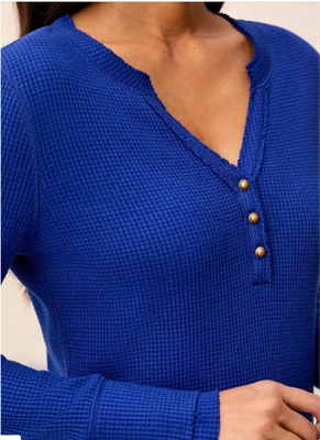 Tribal Brushed Waffle Knit Henley Long Sleeve Top | Electric Blue - Size Large