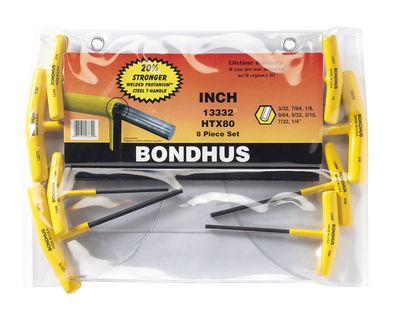 BONDHUS T-Handle Hex Driver 8pcs Imperial Set 3/32&quot;-1/4&quot;