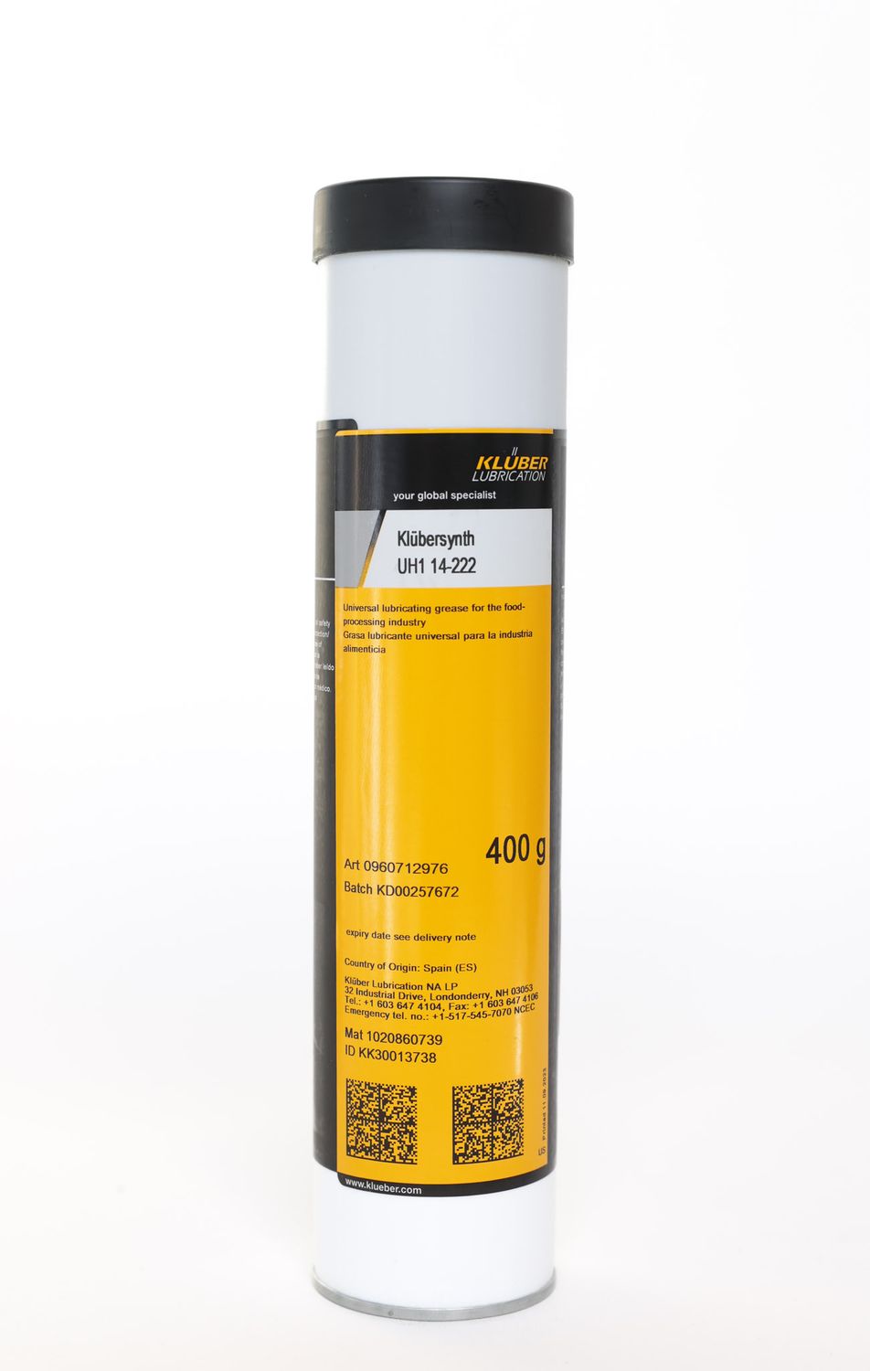 Kluber KLUBERSYNTH UH1 14-222 Food Grade Lubricant for Rolling & Plain Bearings-Lifting Cylinders-Joints-Guide Rods & Rails-Cams 400 g Cartridge