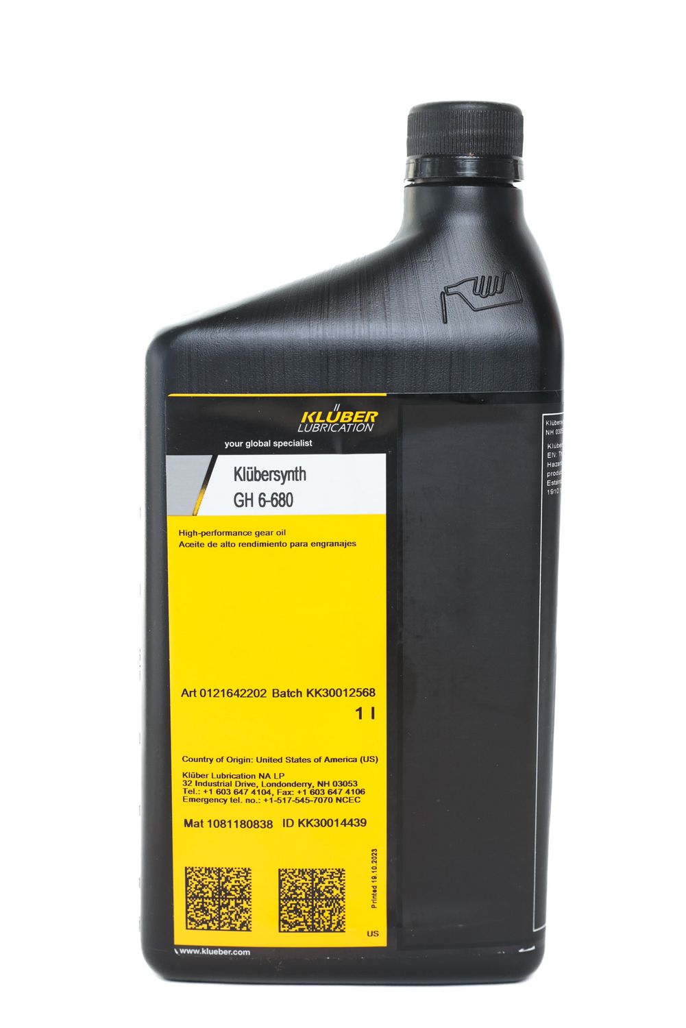 Kluber KLUBERSYNTH  GH 6-680  Synthetic Gear Oil for Worm, Bevel & Spur Gears- Rolling  & Plain Bearings-Lifting, Drive & Transport Chains-Toothed Couplings  I Liter Bottle