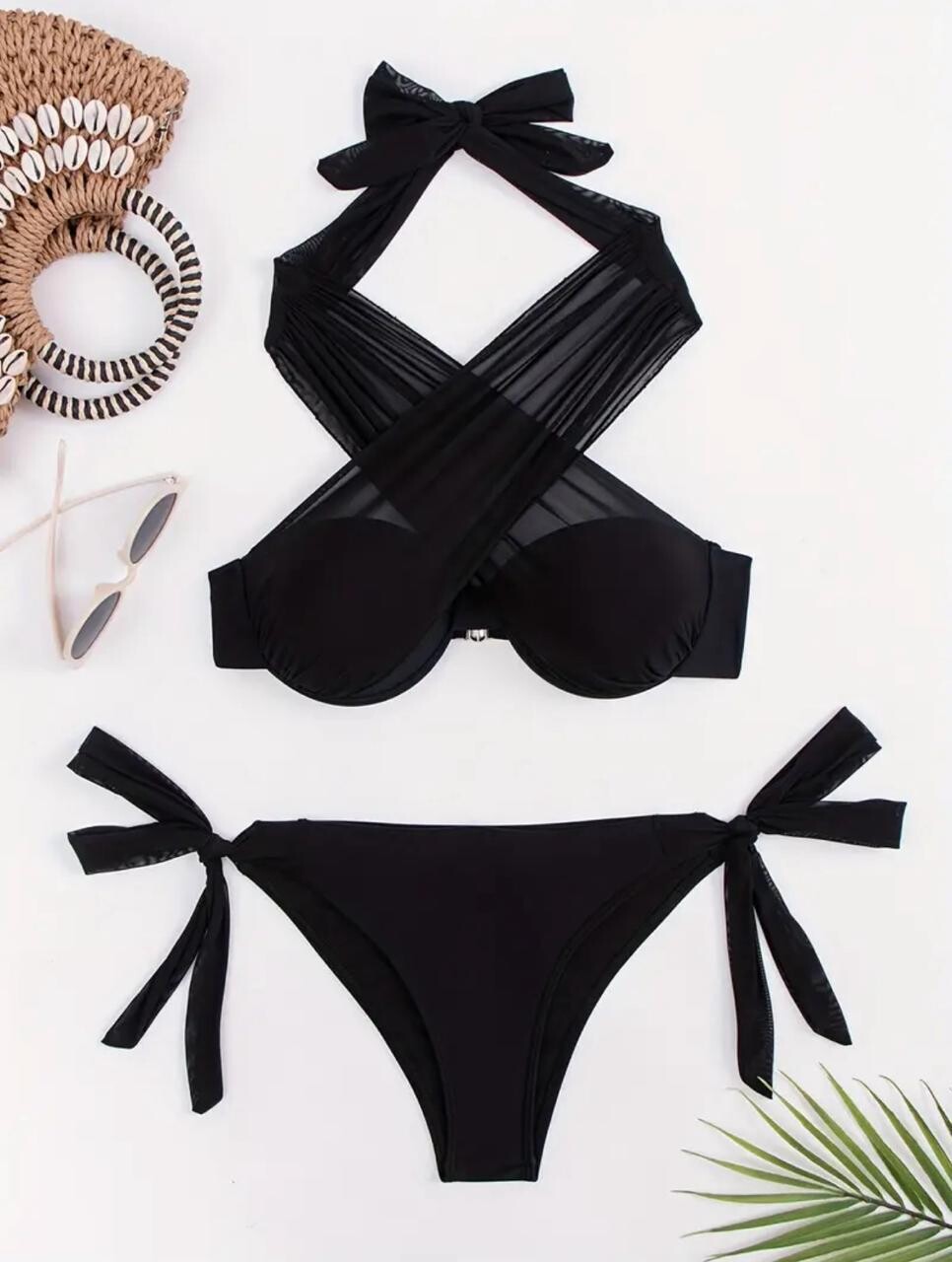 Mesh Contrast Criss Cross Halter 2 Piece Bikini Set