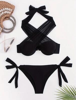Mesh Contrast Criss Cross Halter 2 Piece Bikini Set