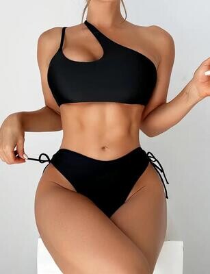 Solid Colour One Shoulder Bikini Set,