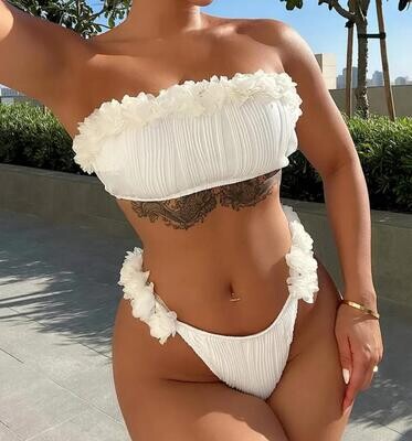 3D Flower Applicque Trim Plain 2pcs Bikini Set