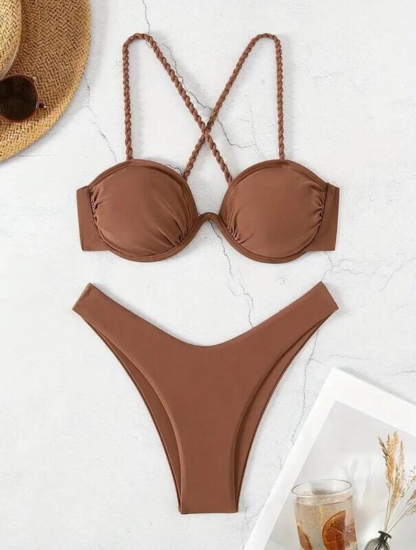 Solid Colour Sexy 2 Piece Bikini Set, Criss Cross Straps Tie Back High Cut Swimsuit